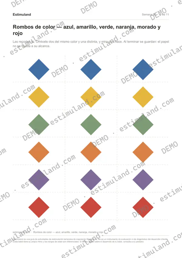 Rombos de color — azul, amarillo, verde, naranja, morado y rojo — hoja 9 de 11, en muestra
