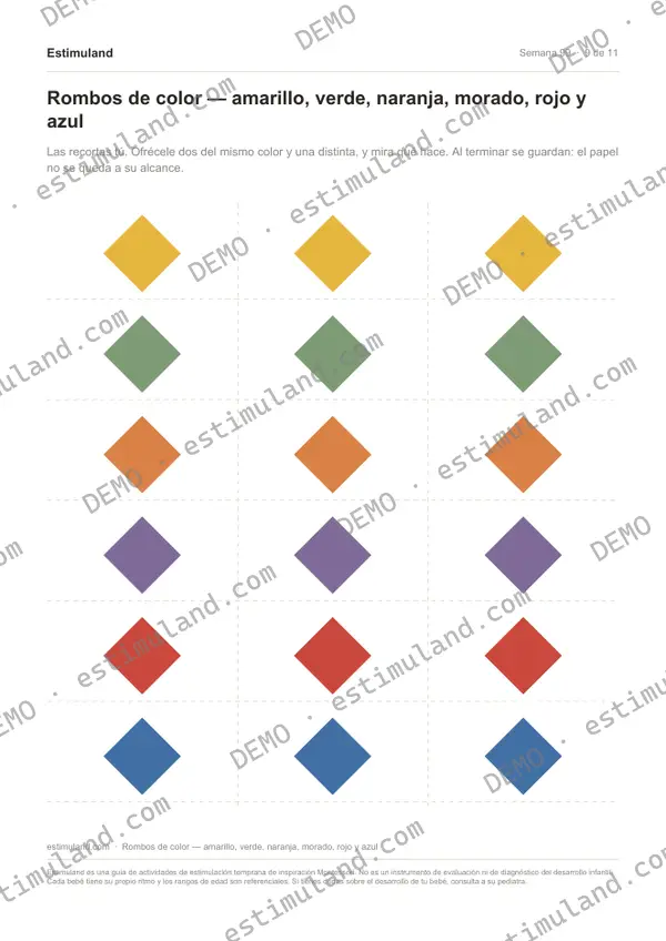 Rombos de color — amarillo, verde, naranja, morado, rojo y azul — hoja 9 de 11, en muestra
