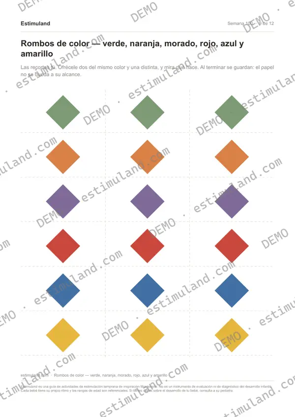 Rombos de color — verde, naranja, morado, rojo, azul y amarillo — hoja 9 de 12, en muestra