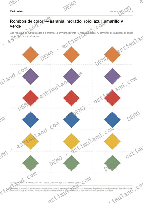 Rombos de color — naranja, morado, rojo, azul, amarillo y verde — hoja 9 de 11, en muestra