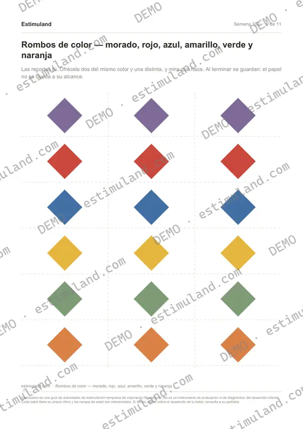 Rombos de color — morado, rojo, azul, amarillo, verde y naranja — hoja 9 de 11, en muestra