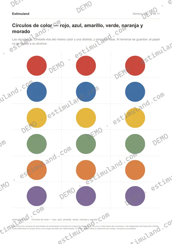 Círculos de color — rojo, azul, amarillo, verde, naranja y morado — hoja 9 de 11, en muestra