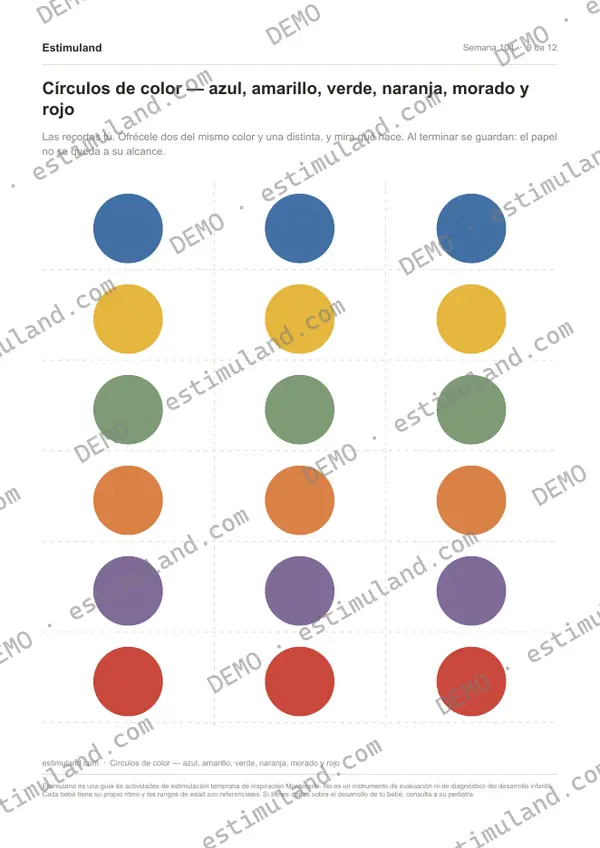 Círculos de color — azul, amarillo, verde, naranja, morado y rojo — hoja 9 de 12, en muestra