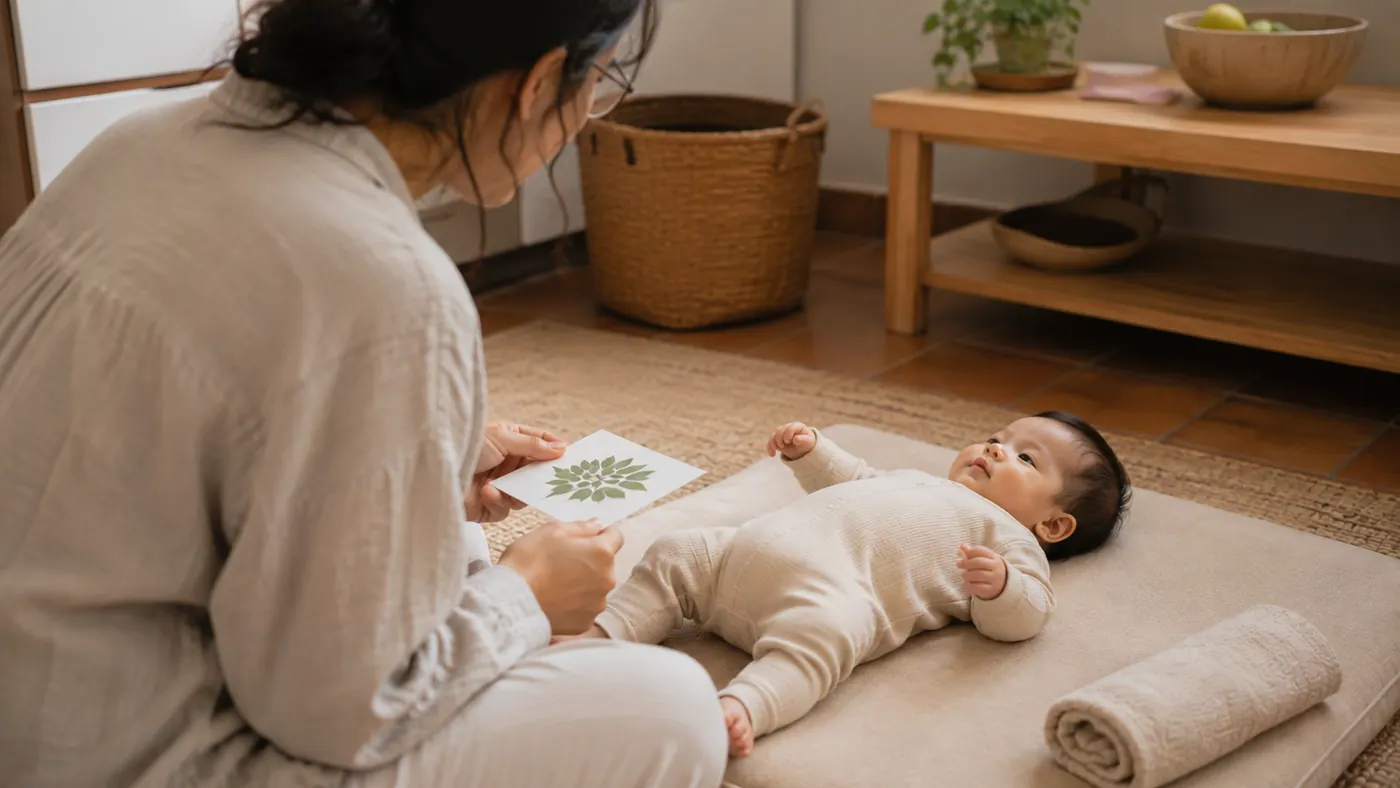 Una madre con su bebé en casa: texturas contra la mano