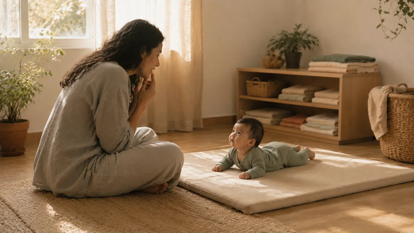 Una madre con su bebé en casa: sílabas que se repiten