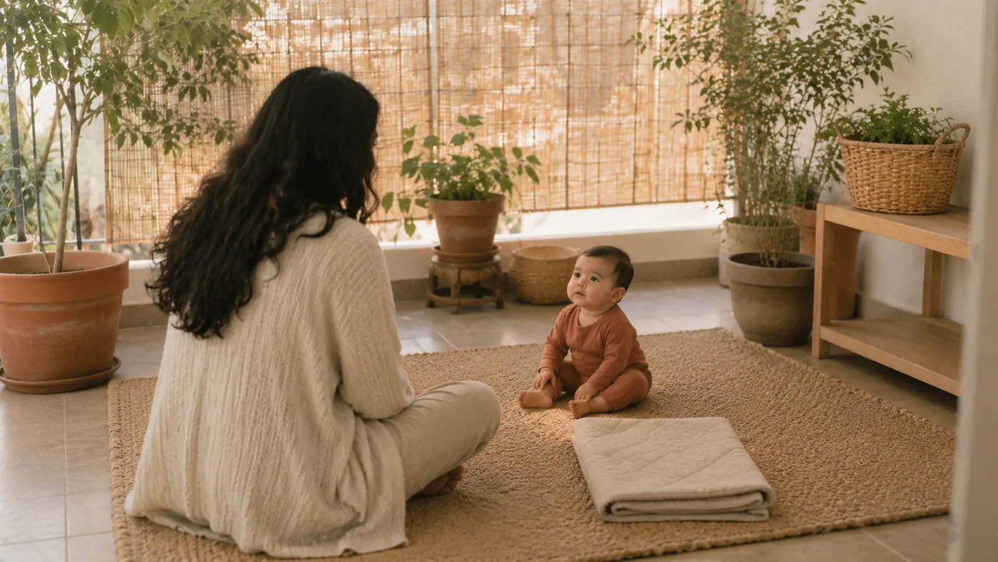 Una madre con su bebé en casa: rodar completo, ida y vuelta