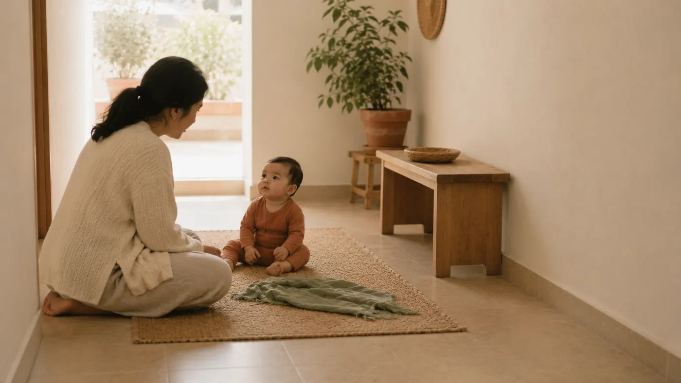 Una madre con su bebé en casa: el pañuelo que esconde