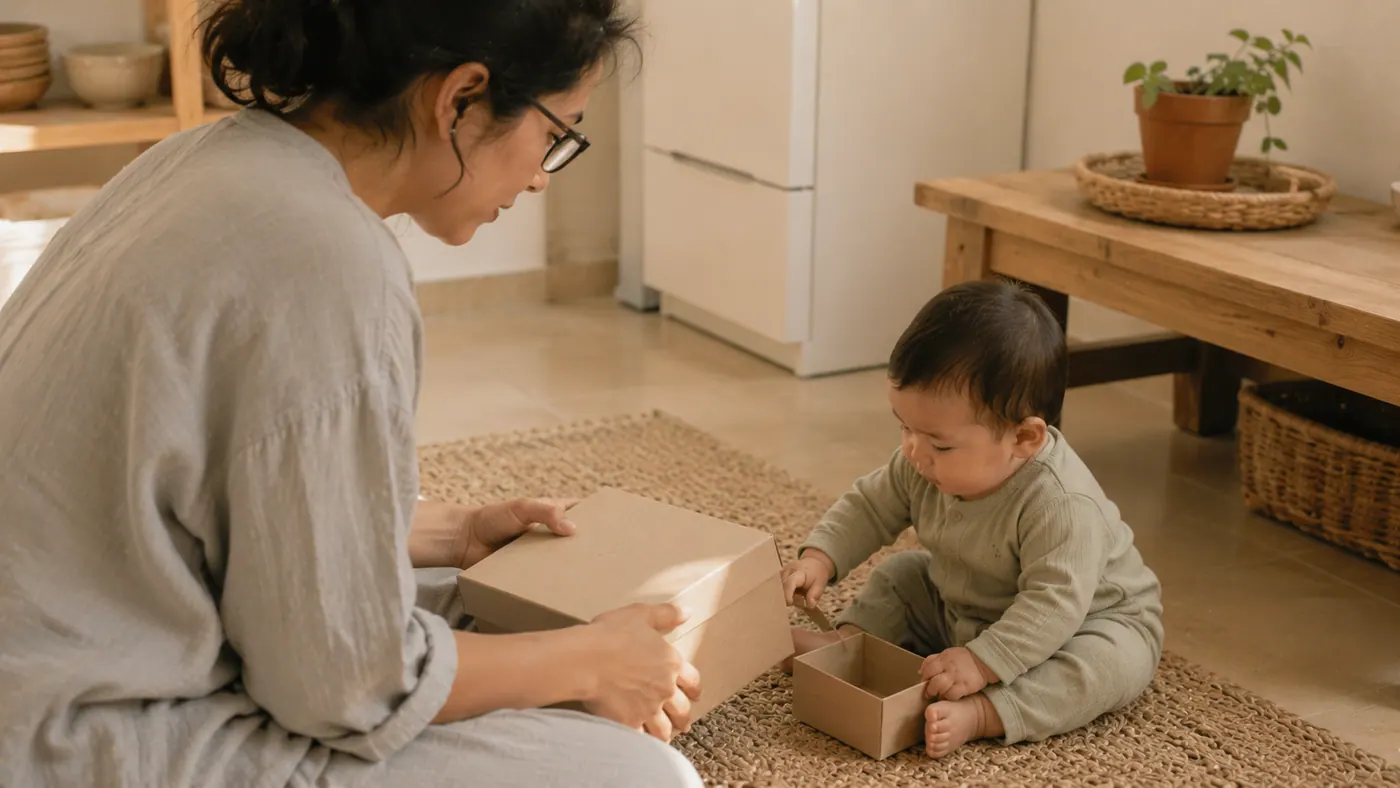 Una madre con su bebé en casa: lo que se cae sigue existiendo