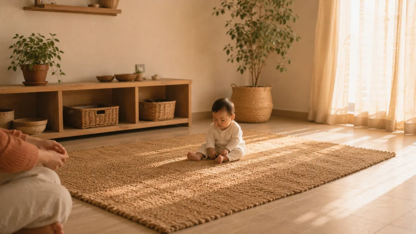 Una madre con su bebé en casa: arrastrarse hacia lo que quiere