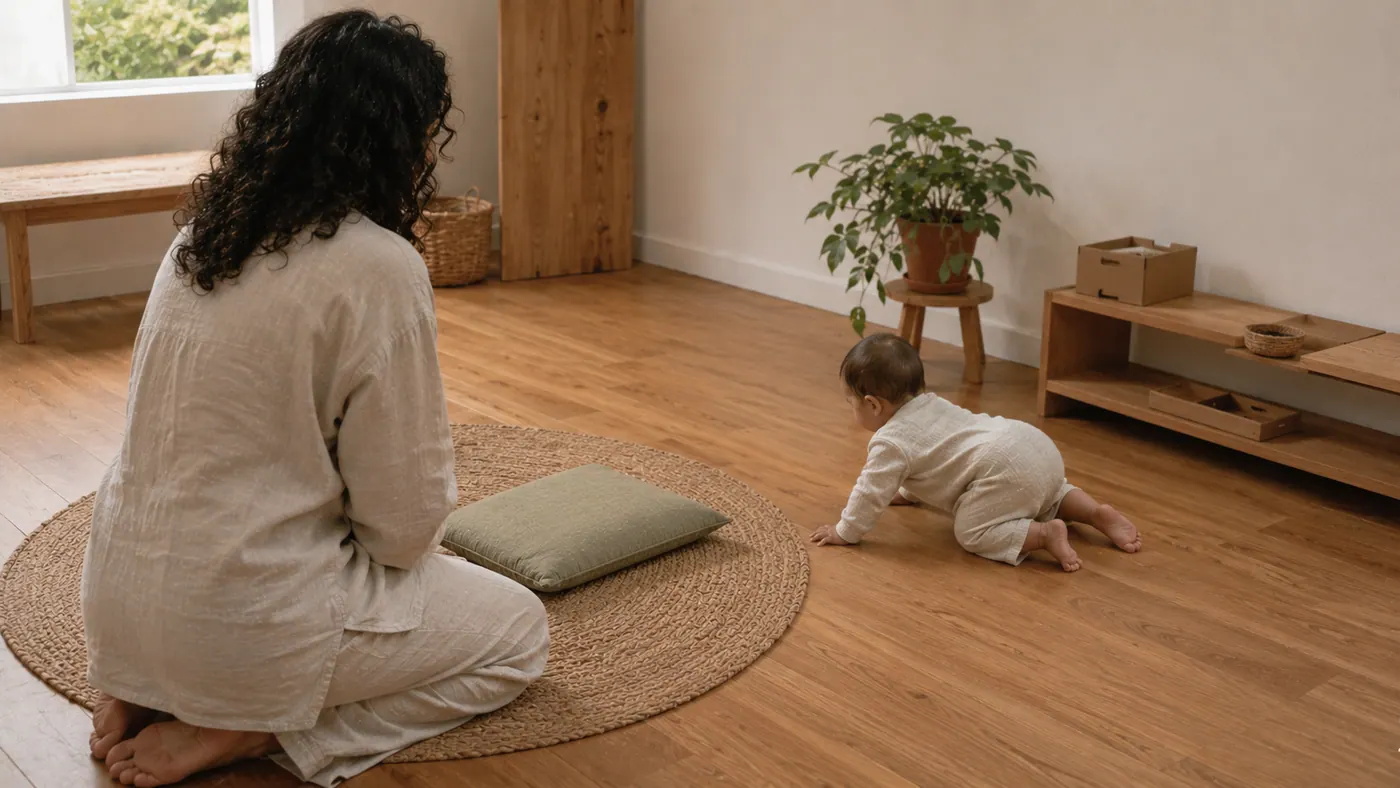 Una madre con su bebé en casa: de rodillas contra el mueble