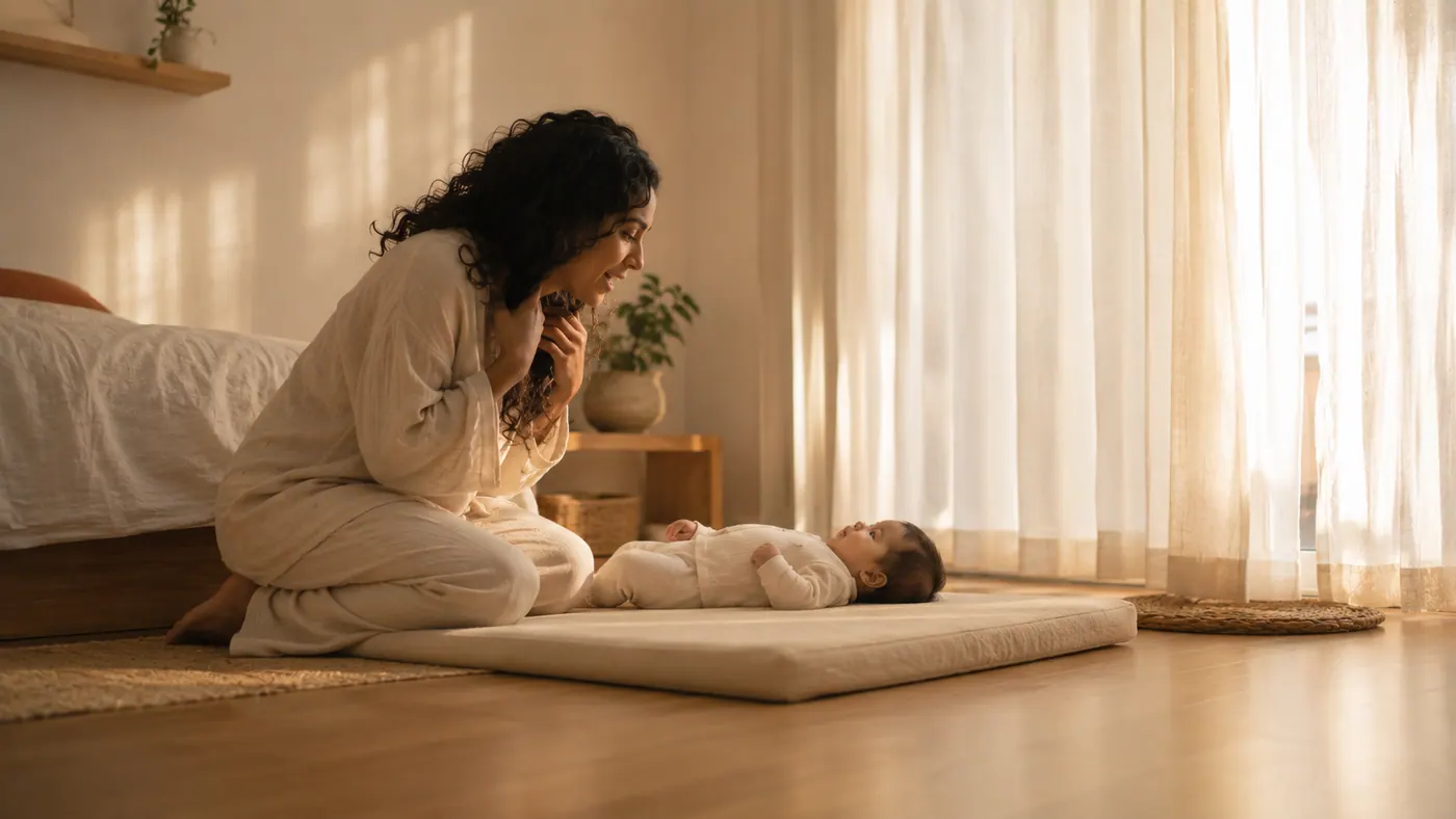Una madre con su bebé en casa: los primeros sonidos que no son llanto