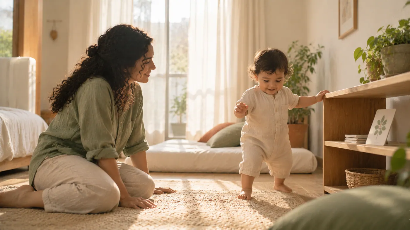 Una madre con su bebé en casa: soltar una mano