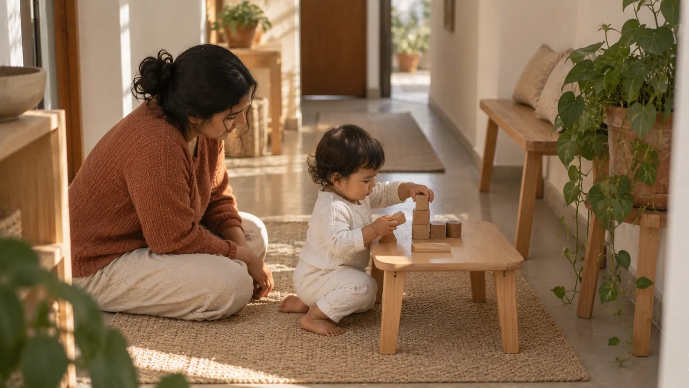 Una madre con su bebé en casa: grande y pequeño