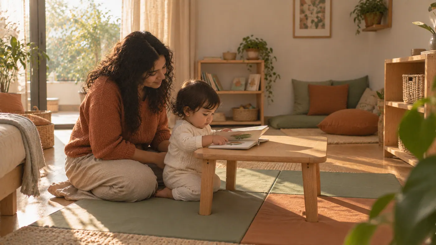 Una madre con su bebé en casa: señala lo que le nombras