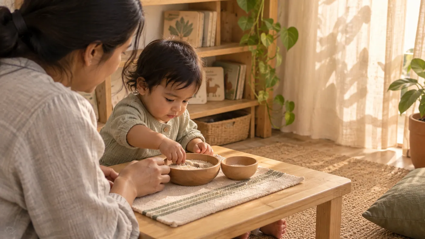 Una madre con su bebé en casa: la cuchara que llega llena