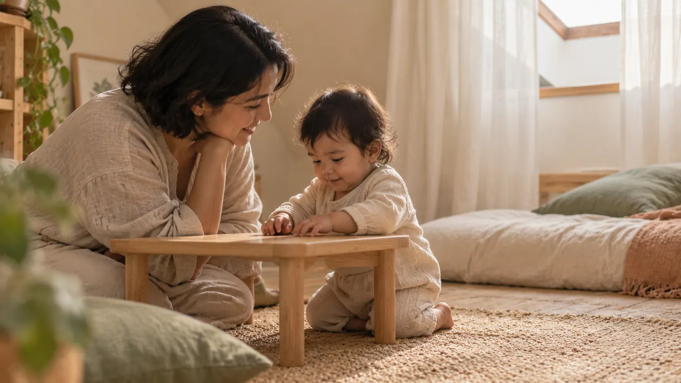 Una madre con su bebé en casa: jugar al lado de otros