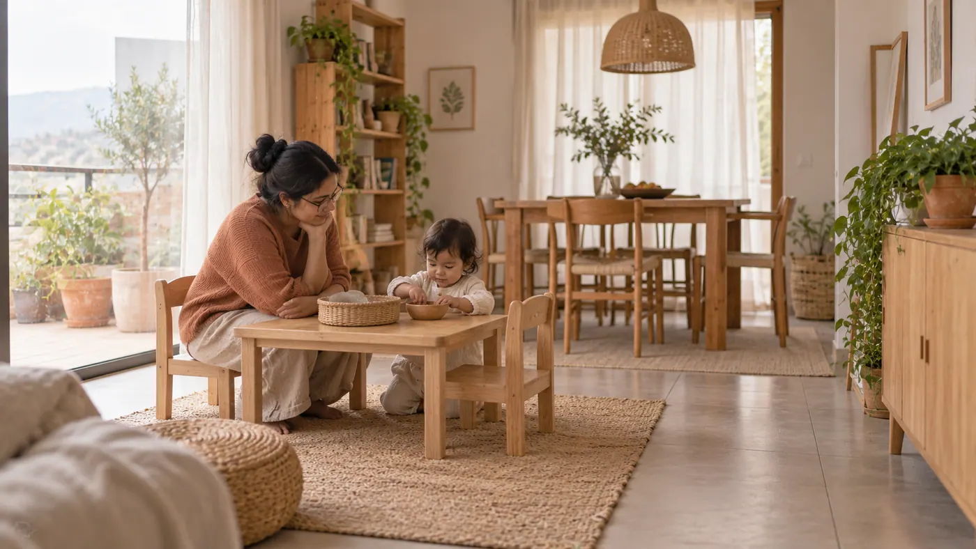 Una madre con su bebé en casa: dos montones