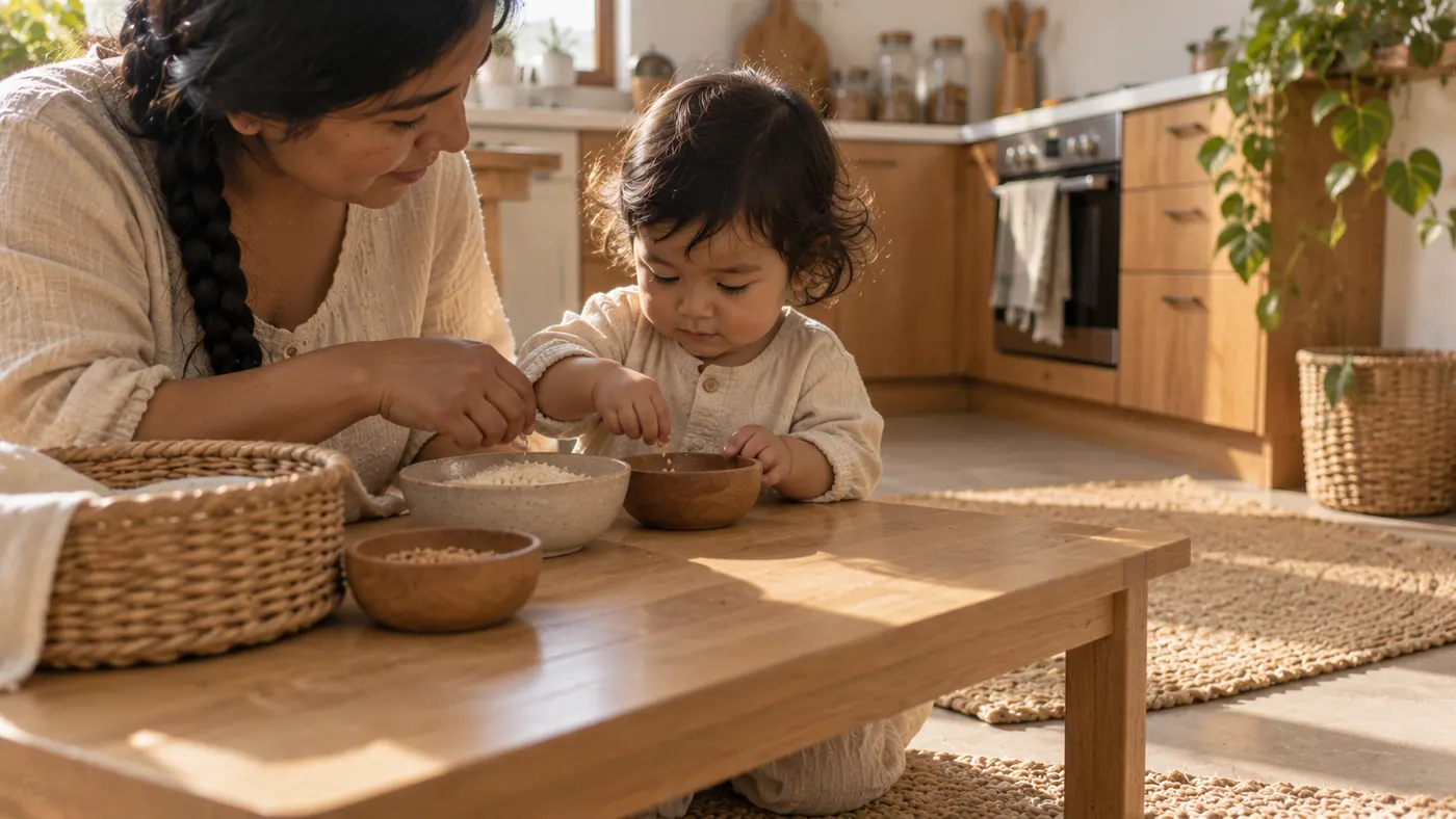 Una madre con su bebé en casa: trasvasar con cuchara
