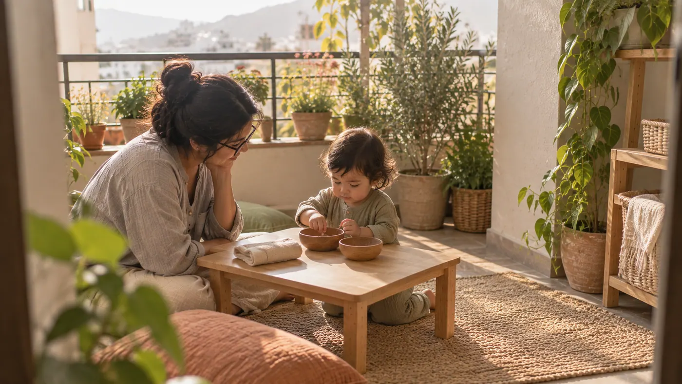 Una madre con su bebé en casa: lavarse las manos