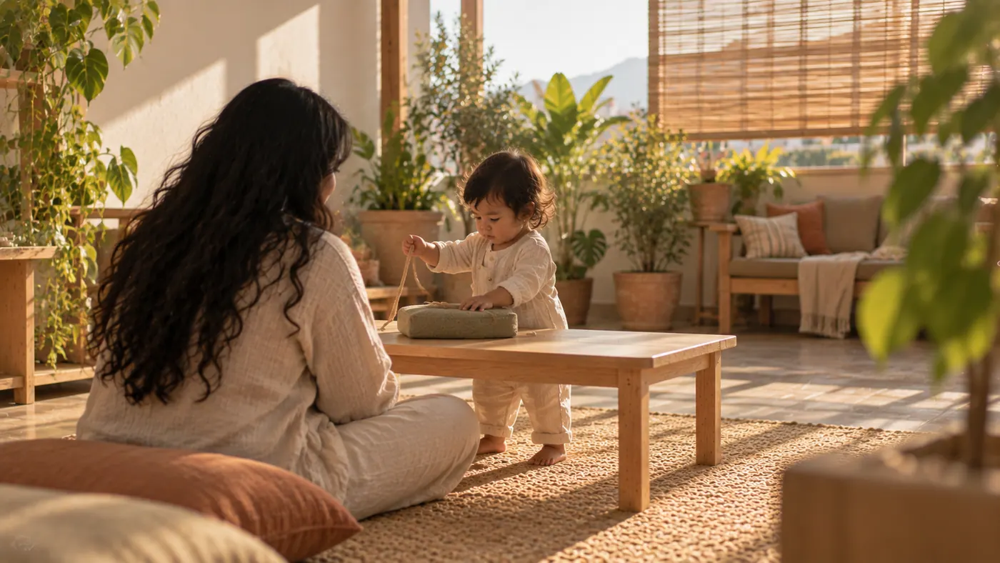 Una madre con su bebé en casa: trepar sin peligro