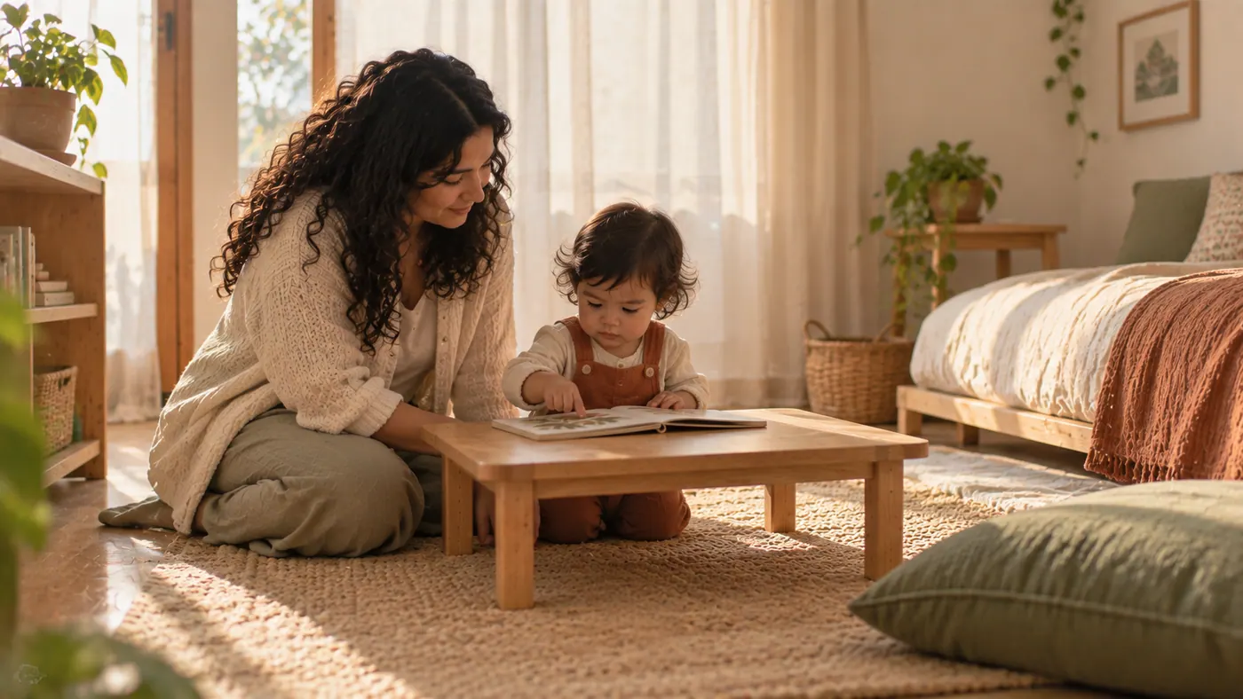 Una madre con su bebé en casa: frases de dos palabras