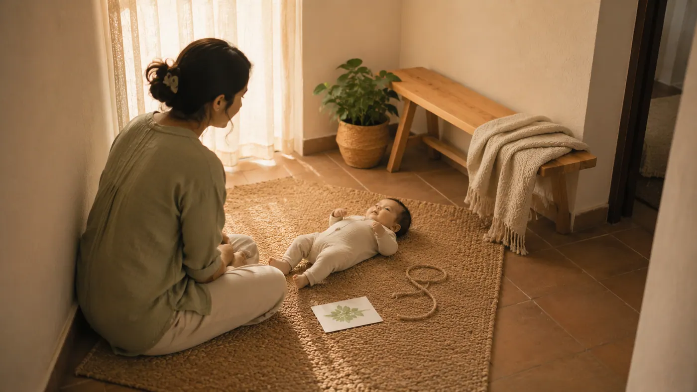 Una madre con su bebé en casa: figuras quietas para mirar