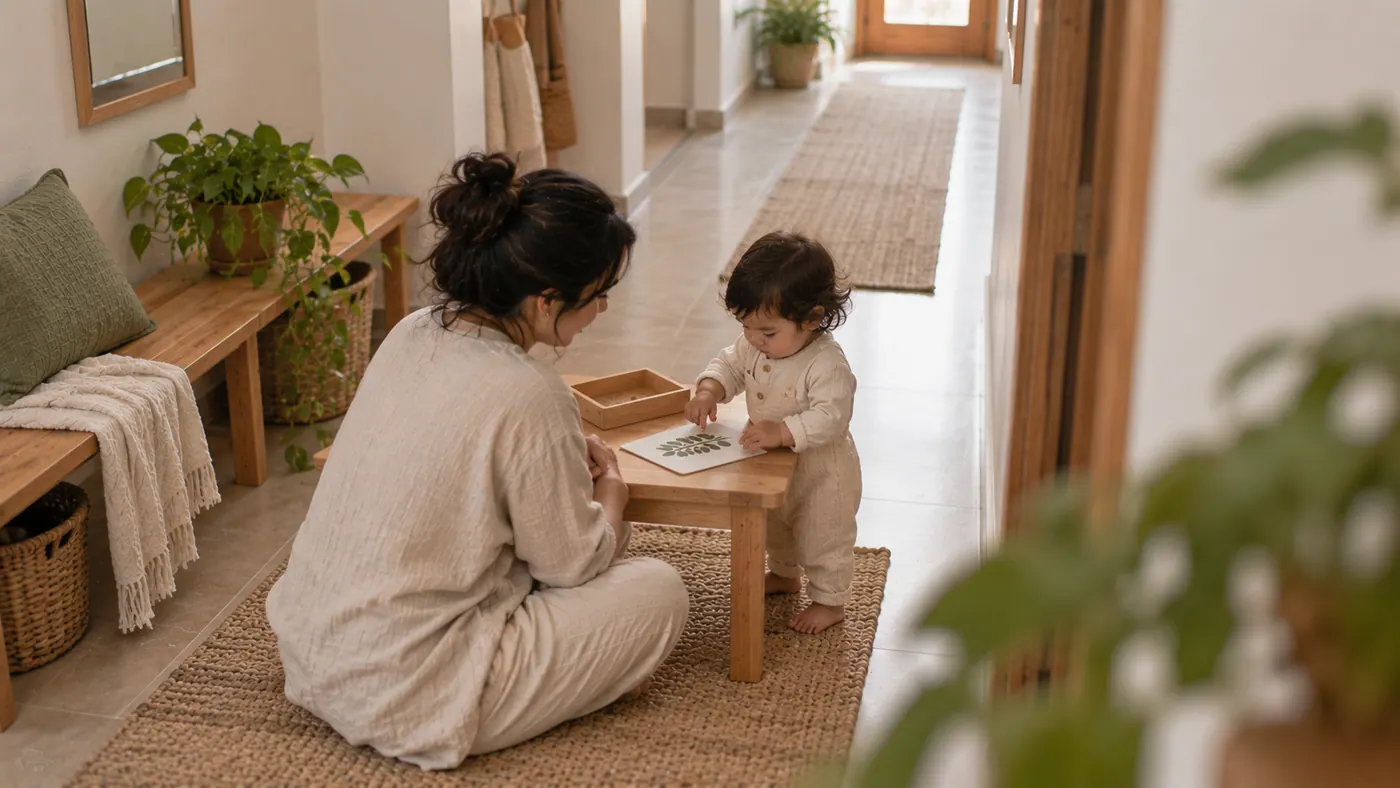 Una madre con su bebé en casa: trazar con el dedo
