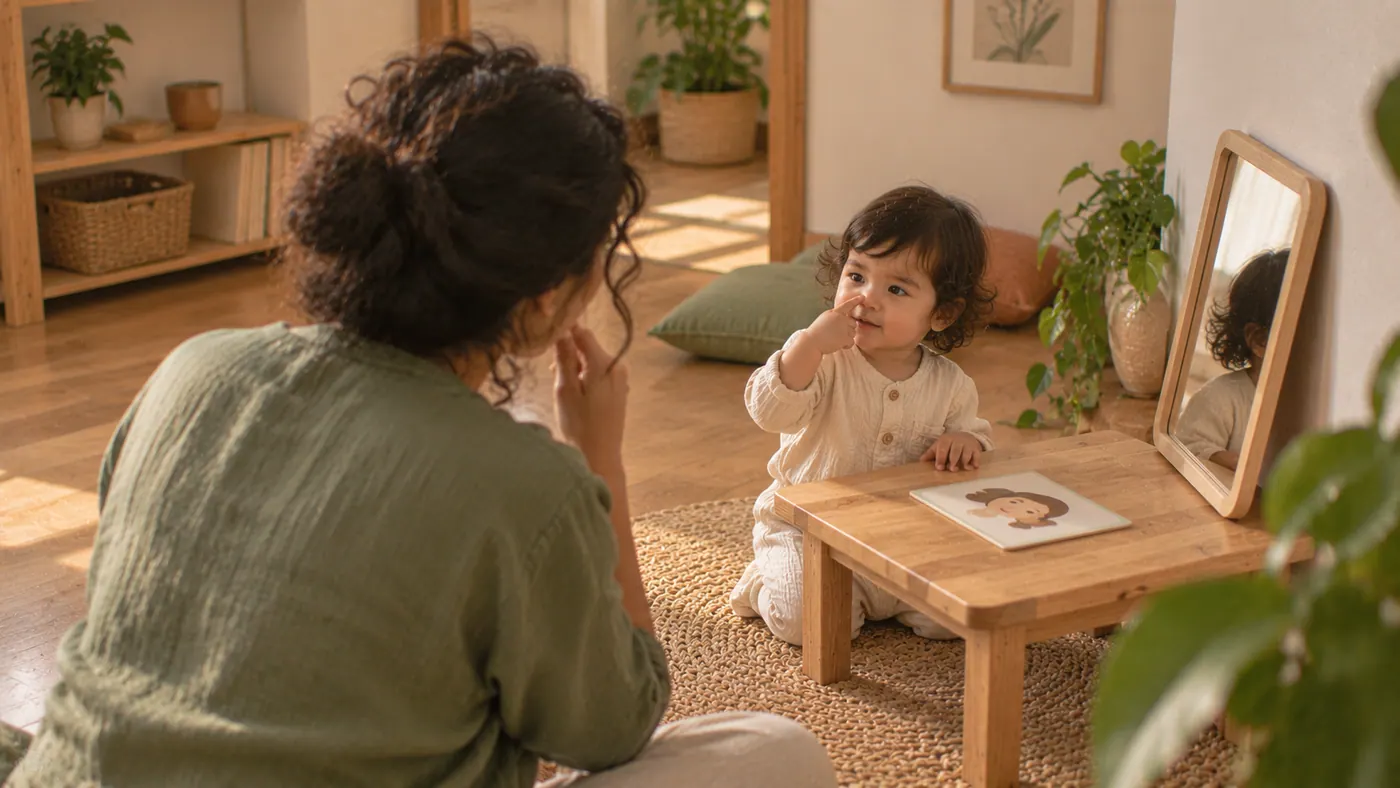Una madre con su bebé en casa: las partes del cuerpo