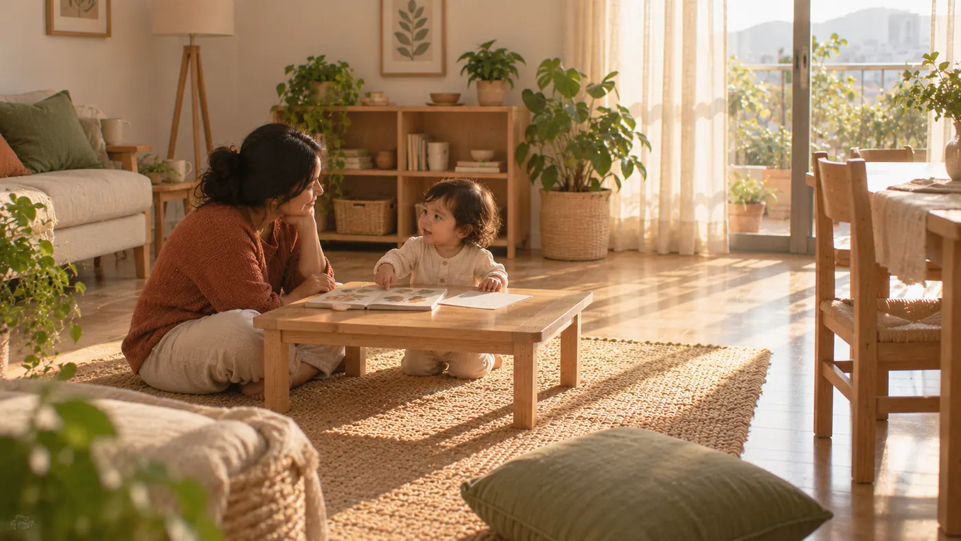 Una madre con su bebé en casa: cincuenta palabras